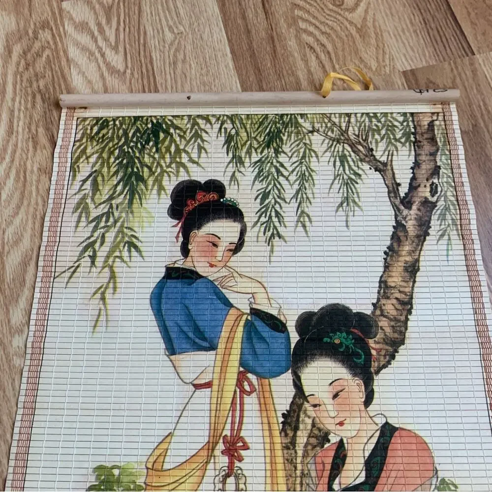 1987 Chinese Bamboo Calendar 2 Girls Tree Lotus Collectible